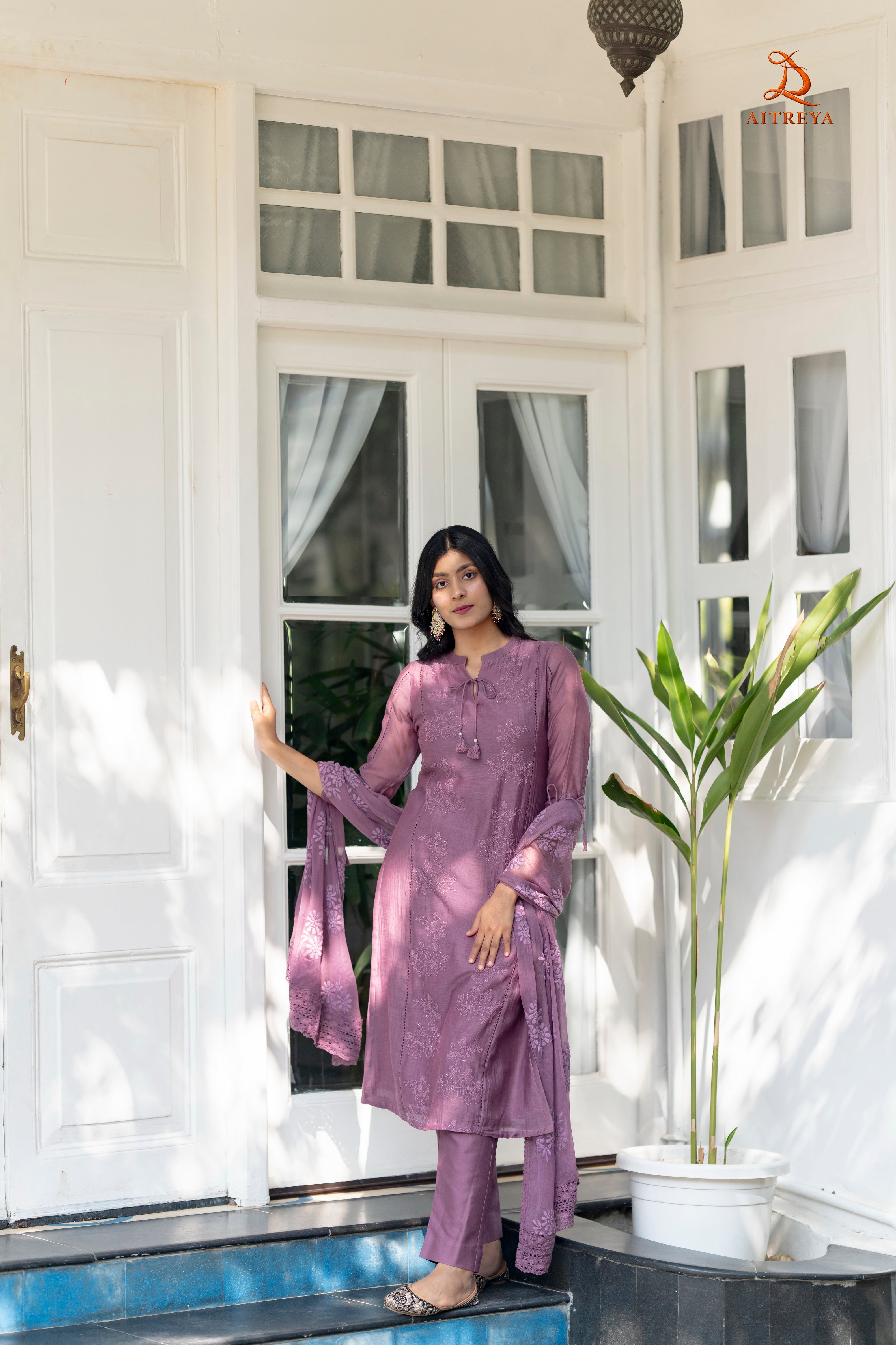 Mauve Mul-Chanderi Embroidered Kurta Set
