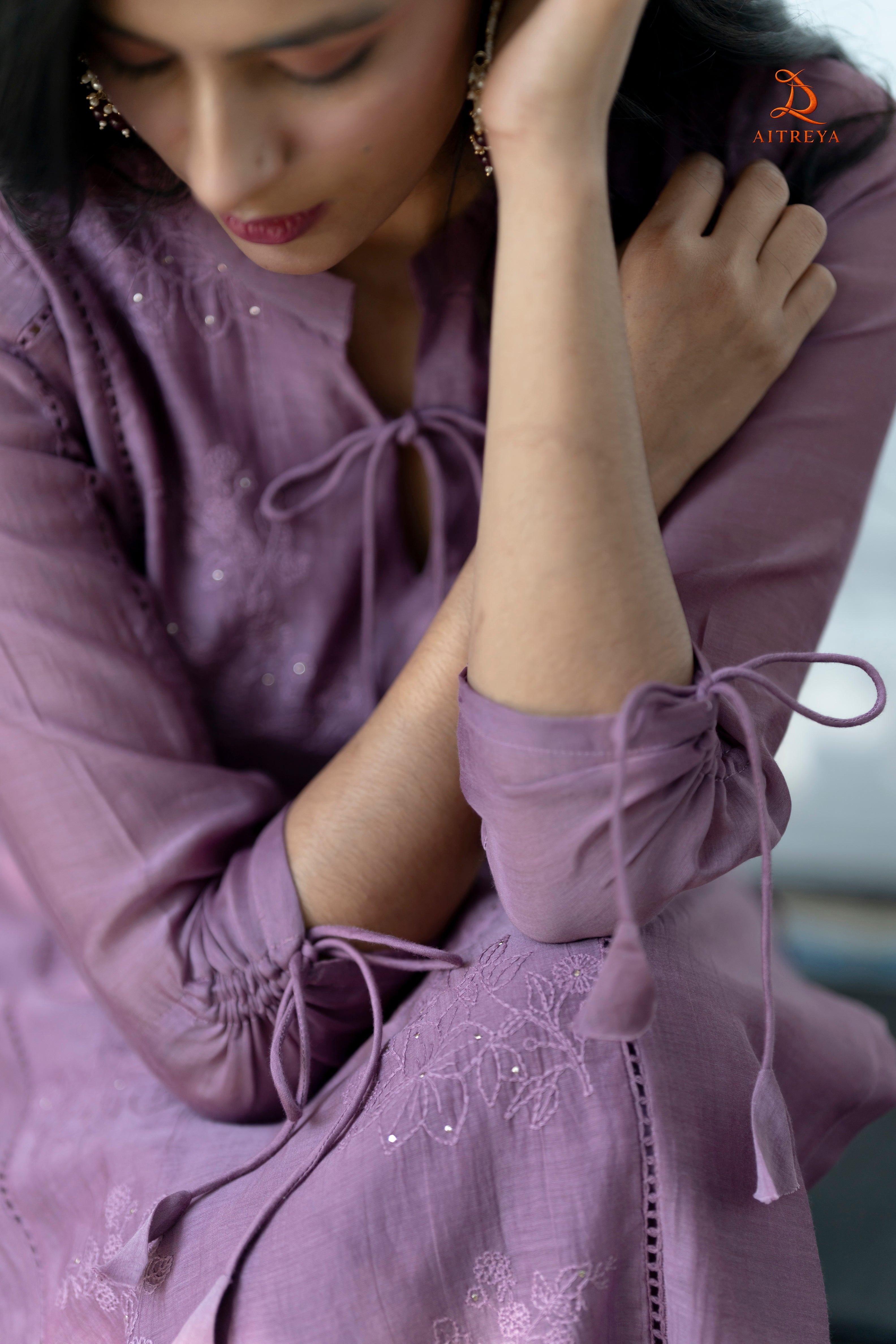 Mauve Mul-Chanderi Embroidered Kurta Set