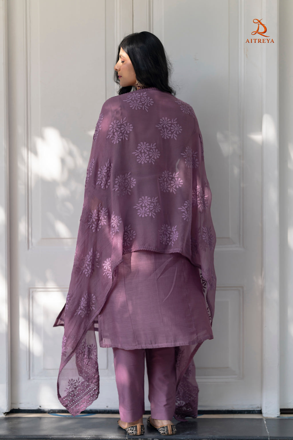 Mauve Mul-Chanderi Embroidered Kurta Set
