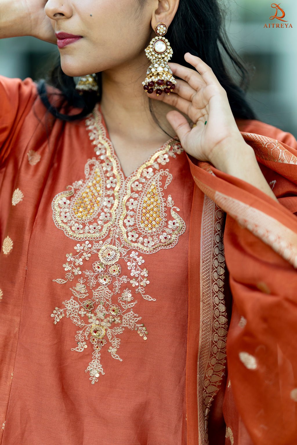 Burnt Orange Banarasi Mul Chanderi Anarkali Suit