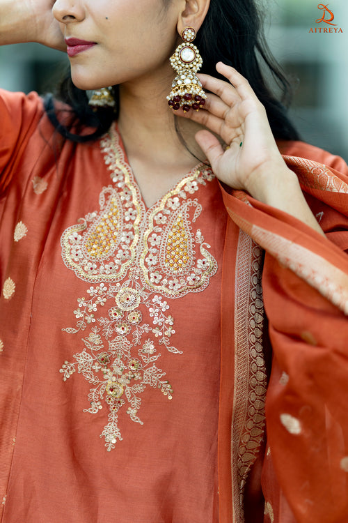 Burnt Orange Banarasi Mul Chanderi Anarkali Suit