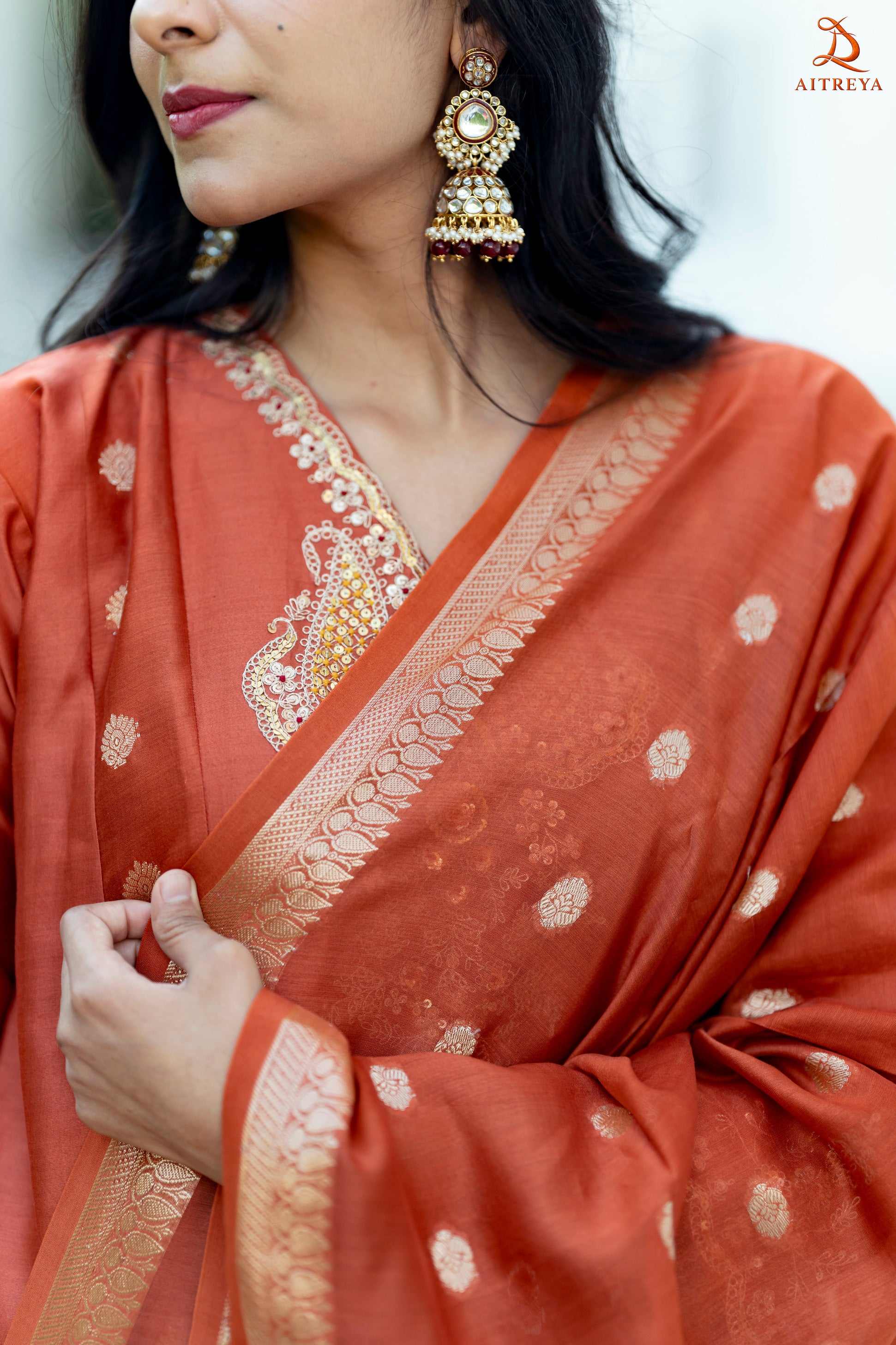 Burnt Orange Banarasi Mul Chanderi Anarkali Suit