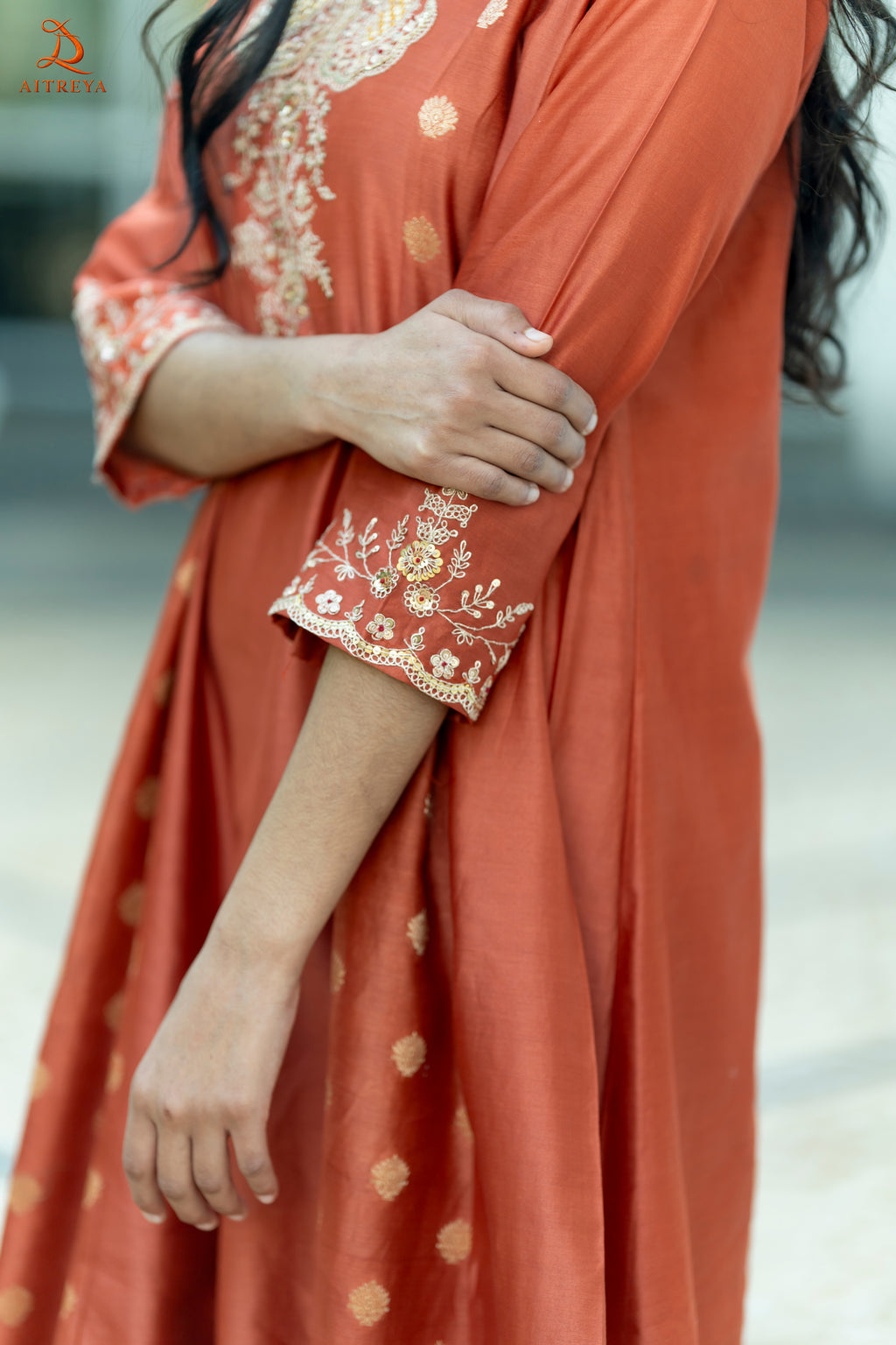 Burnt Orange Banarasi Mul Chanderi Anarkali Suit